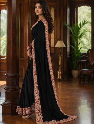 Black floral embroidered poly chiffon saree 2