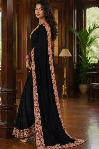 Black floral embroidered poly chiffon saree