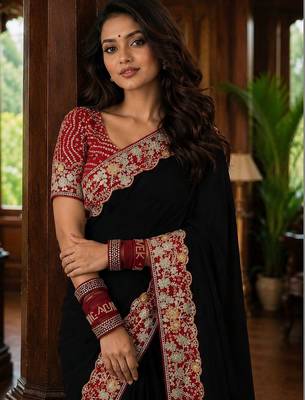 Black floral embroidered poly chiffon saree 3