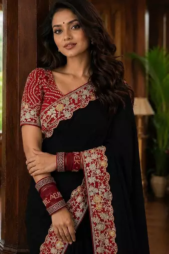 Black floral embroidered poly chiffon saree