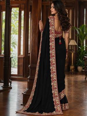 Black floral embroidered poly chiffon saree 4