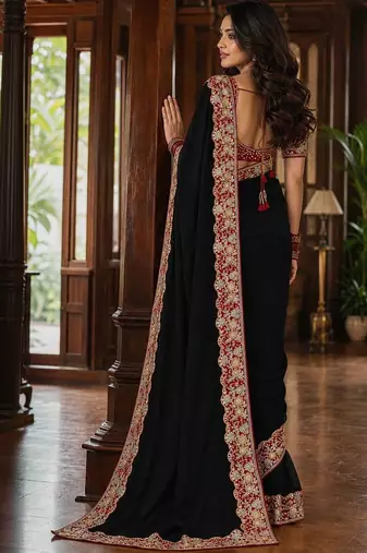 Black floral embroidered poly chiffon saree