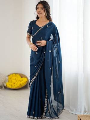 Navy blue embellished embroidered pure georgette heavy work saree 1