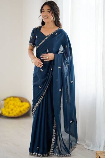 Navy blue embellished embroidered pure georgette heavy work saree