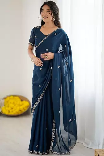 Navy blue embellished embroidered pure georgette heavy work saree