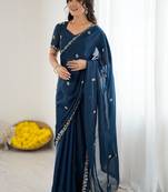 Navy blue embellished embroidered pure georgette heavy work saree
