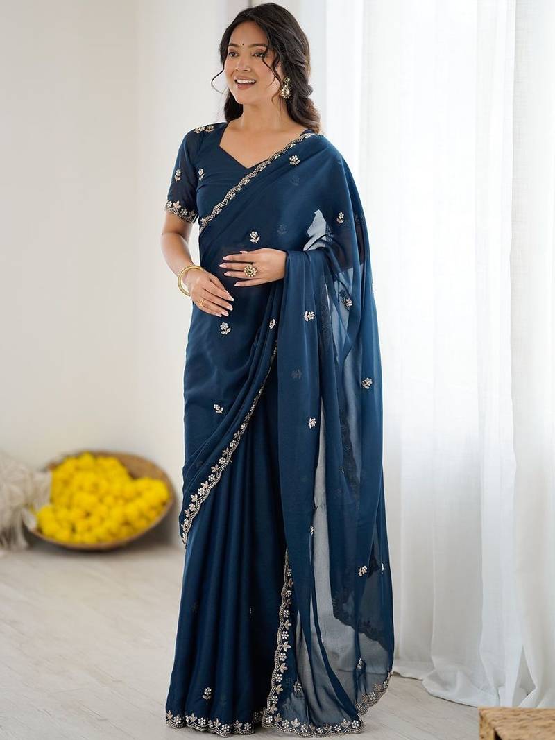Navy blue embellished embroidered pure georgette heavy work saree