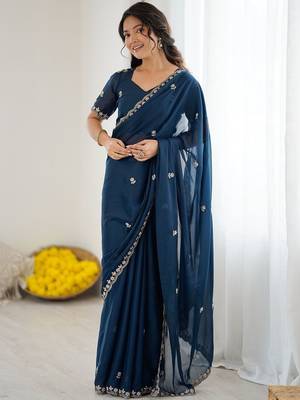 Navy blue embellished embroidered pure georgette heavy work saree 2