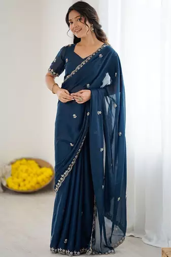 Navy blue embellished embroidered pure georgette heavy work saree