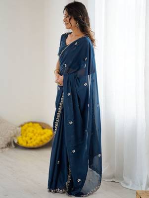 Navy blue embellished embroidered pure georgette heavy work saree 3