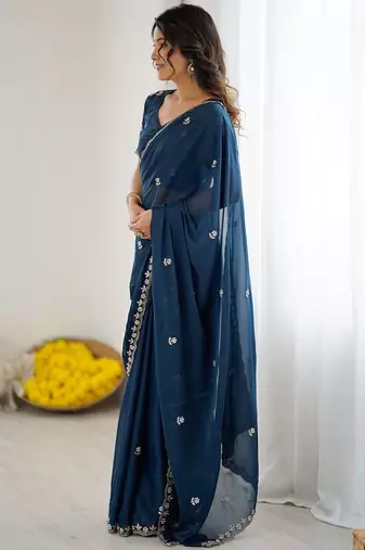 Navy blue embellished embroidered pure georgette heavy work saree