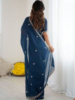 Navy blue embellished embroidered pure georgette heavy work saree 4
