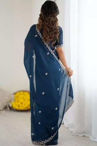 Navy blue embellished embroidered pure georgette heavy work saree