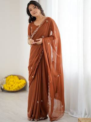 Rust embellished embroidered pure georgette heavy work saree 2