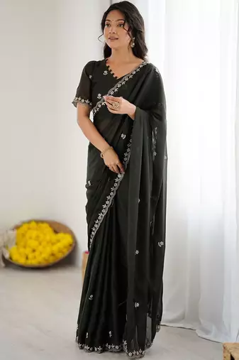 Olive ethnic motifs embroidered pure georgette heavy work saree