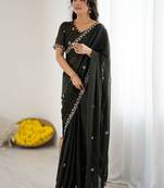 Olive ethnic motifs embroidered pure georgette heavy work saree
