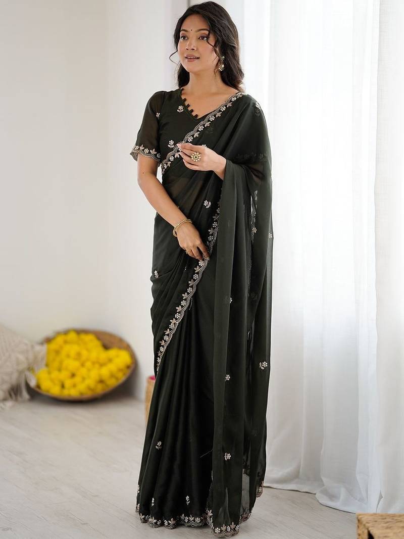 Olive ethnic motifs embroidered pure georgette heavy work saree