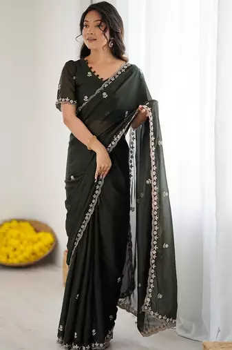 Olive ethnic motifs embroidered pure georgette heavy work saree