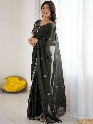 Olive ethnic motifs embroidered pure georgette heavy work saree 3