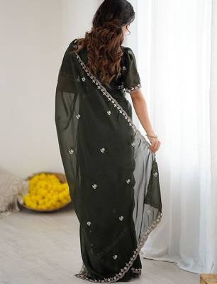 Olive ethnic motifs embroidered pure georgette heavy work saree 4