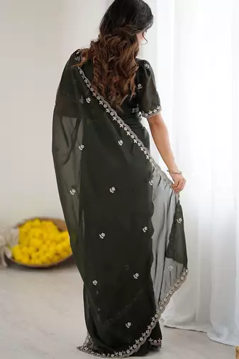 Olive ethnic motifs embroidered pure georgette heavy work saree