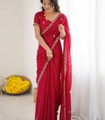 Red ethnic motifs embroidered pure georgette heavy work saree