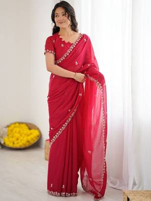 Red ethnic motifs embroidered pure georgette heavy work saree 2