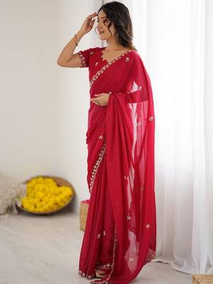 Red ethnic motifs embroidered pure georgette heavy work saree 3