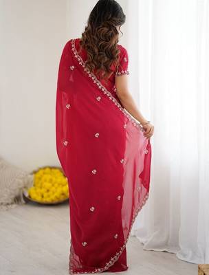 Red ethnic motifs embroidered pure georgette heavy work saree 4