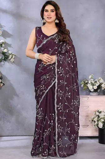 Purple embellished embroidered pure chiffon saree