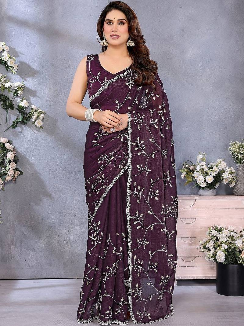 Purple embellished embroidered pure chiffon saree