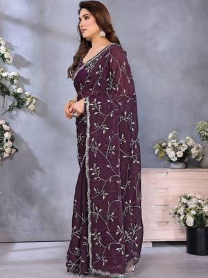 Purple embellished embroidered pure chiffon saree 2