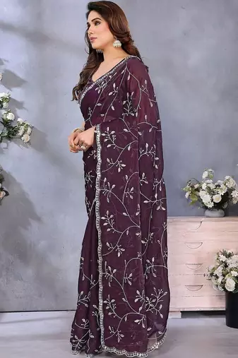 Purple embellished embroidered pure chiffon saree