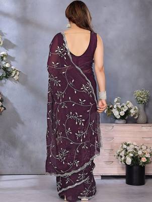 Purple embellished embroidered pure chiffon saree 3
