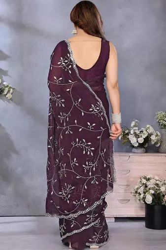 Purple embellished embroidered pure chiffon saree