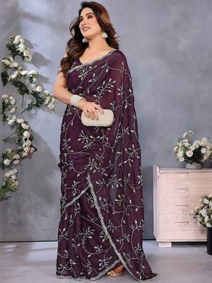 Purple embellished embroidered pure chiffon saree 4