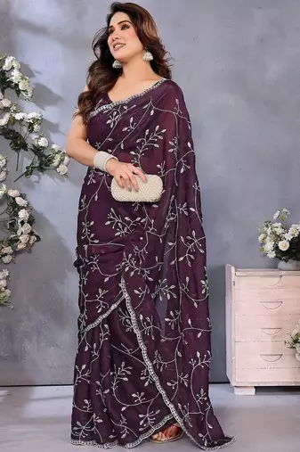 Purple embellished embroidered pure chiffon saree