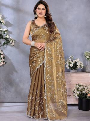 Brown floral embroidered pure chiffon designer saree 1
