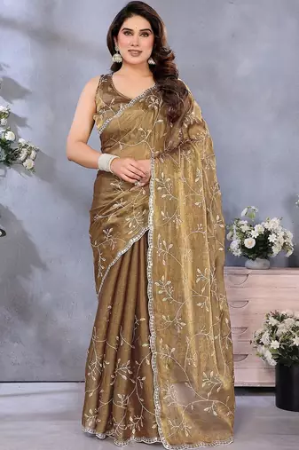 Brown floral embroidered pure chiffon designer saree