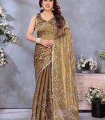 Brown floral embroidered pure chiffon designer saree