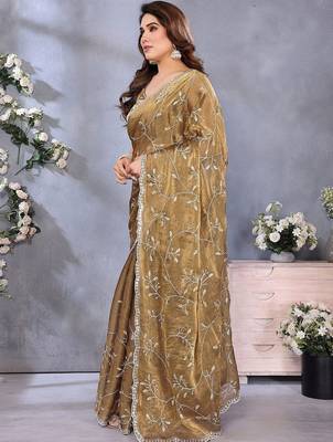 Brown floral embroidered pure chiffon designer saree 2