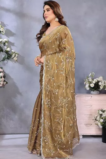 Brown floral embroidered pure chiffon designer saree