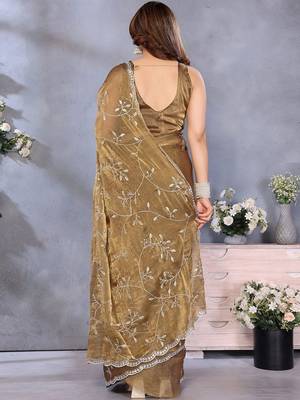 Brown floral embroidered pure chiffon designer saree 3