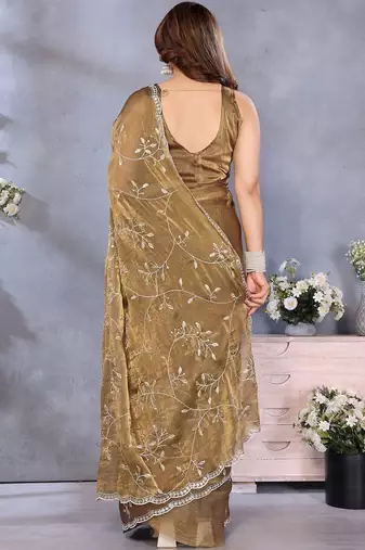 Brown floral embroidered pure chiffon designer saree