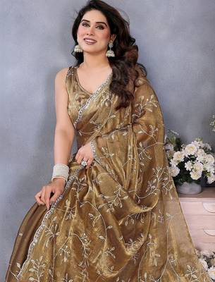 Brown floral embroidered pure chiffon designer saree 4