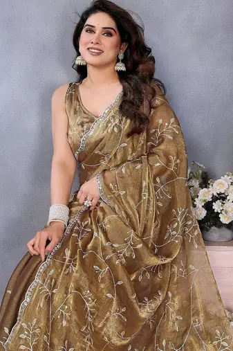 Brown floral embroidered pure chiffon designer saree