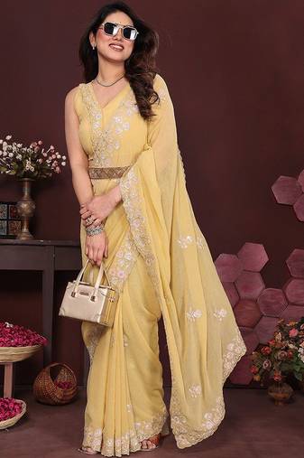 Yellow embellished embroidered pure chiffon heavy work saree