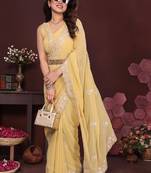 Yellow embellished embroidered pure chiffon heavy work saree