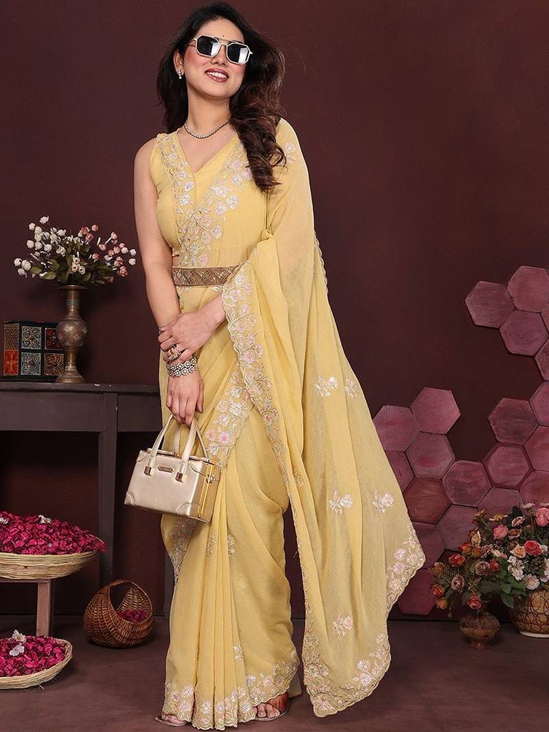 Yellow embellished embroidered pure chiffon heavy work saree