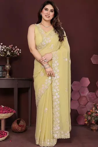 Yellow embellished embroidered pure chiffon heavy work saree